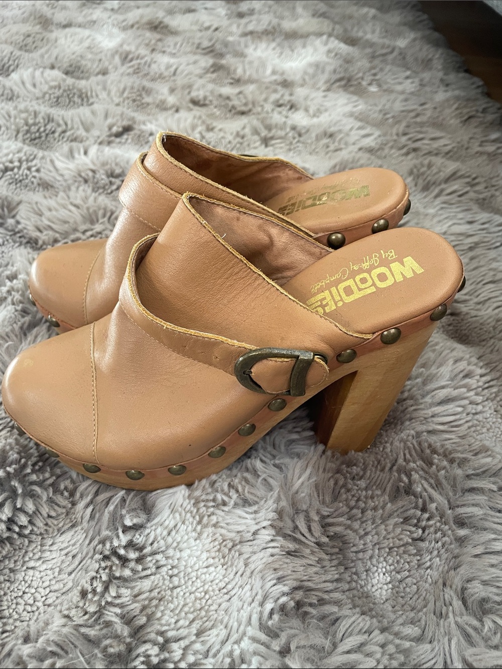 VTG Woodies by Jeffrey Campbell Tan Leather Clog Mules with Stud Accent